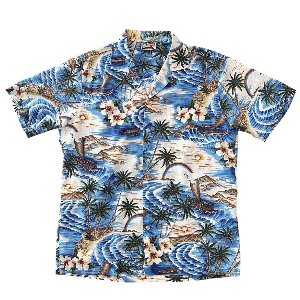 Vintage Evergreen Island Aloha Shirt M Ocean Blue Boats Hibiscus USA Made Cotton
